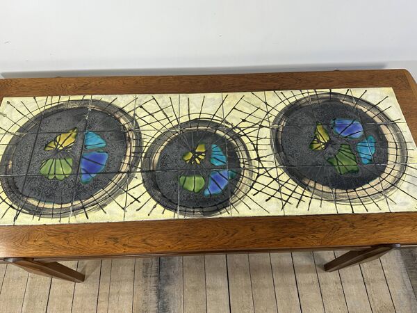 Table basse en teck et faïence de lave par j.belarti 1960