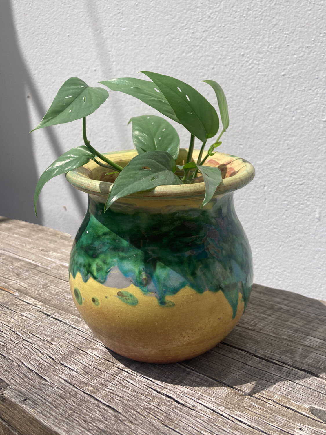 Cache pot vernissé vert et jaune Poterie de Saint Uze début XXe