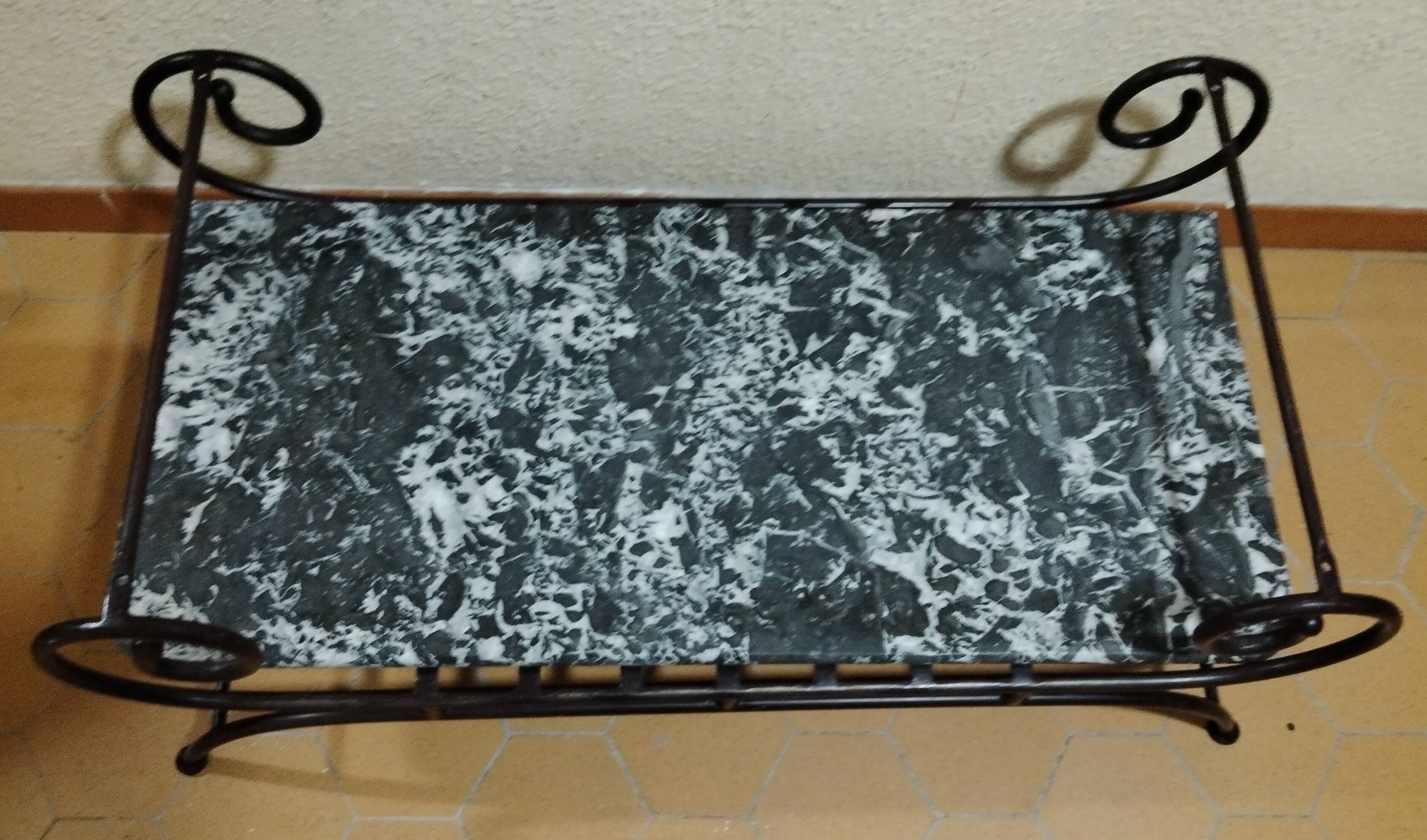 Polished Black and White Emperador marble coffee table, wrought iron base in Morocco