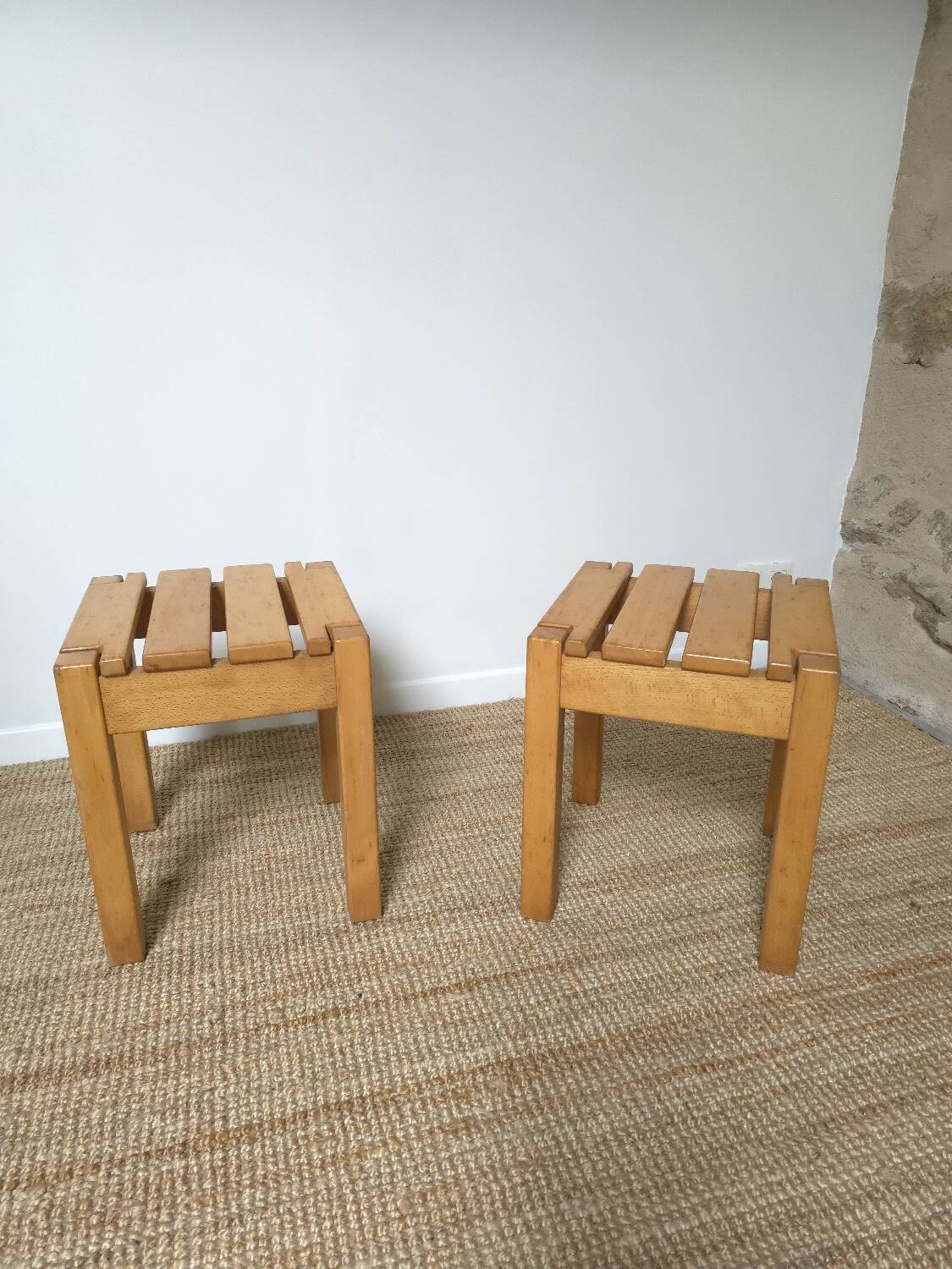 2 solid beech wood stools 1980