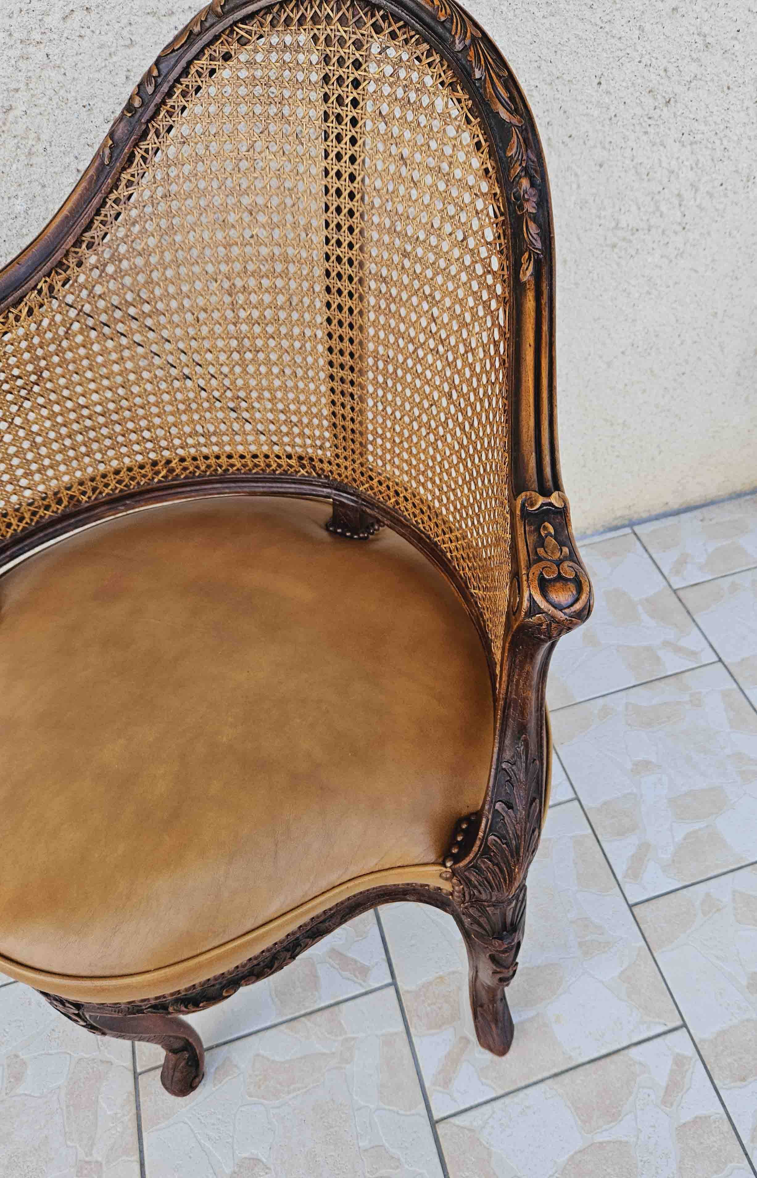 Louis xv office armchair, carved, cane, leather trimmed