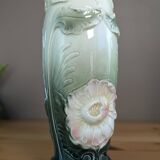 Gustav de Bruyn Fives Art Nouveau Floral Vase Green Pink Barbotine 20cm Numbered