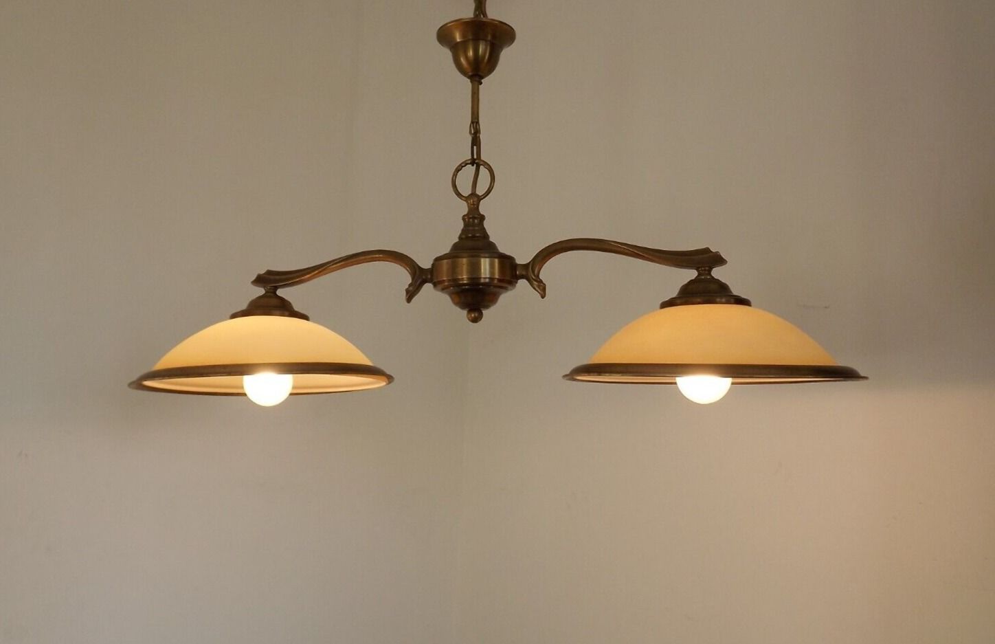French Mid Century Bronze Billiard Light 2 Cream Amber Round Glass Shades 3921