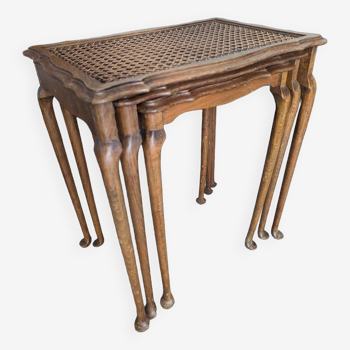 Louis XV Style Nesting Tables in Carved Wood with Rattan Top, France, 1950s, Set of 3