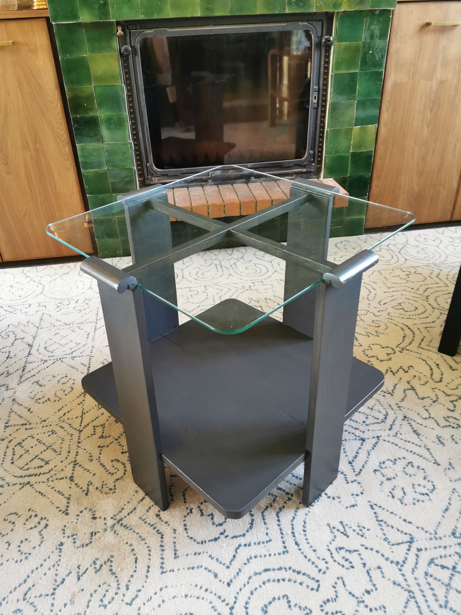 Table basse art déco en bois et verre