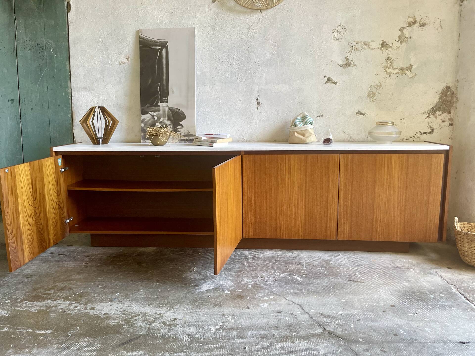 Large vintage sideboard 248 cm – wood & white mineral concrete top –
