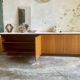 Large vintage sideboard 248 cm – wood & white mineral concrete top –