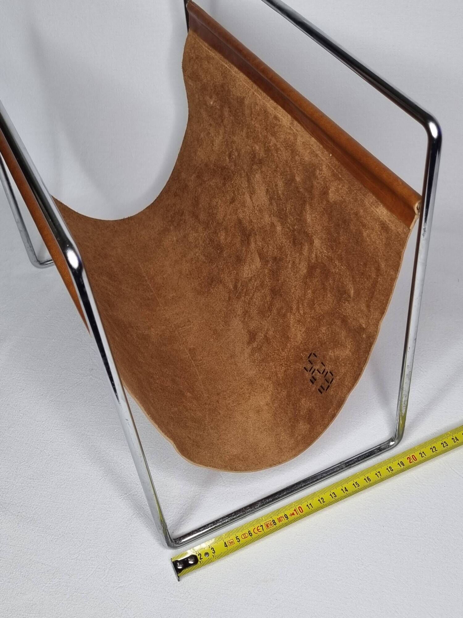 Vintage leather and chrome metal magazine rack, modernist design, 70s