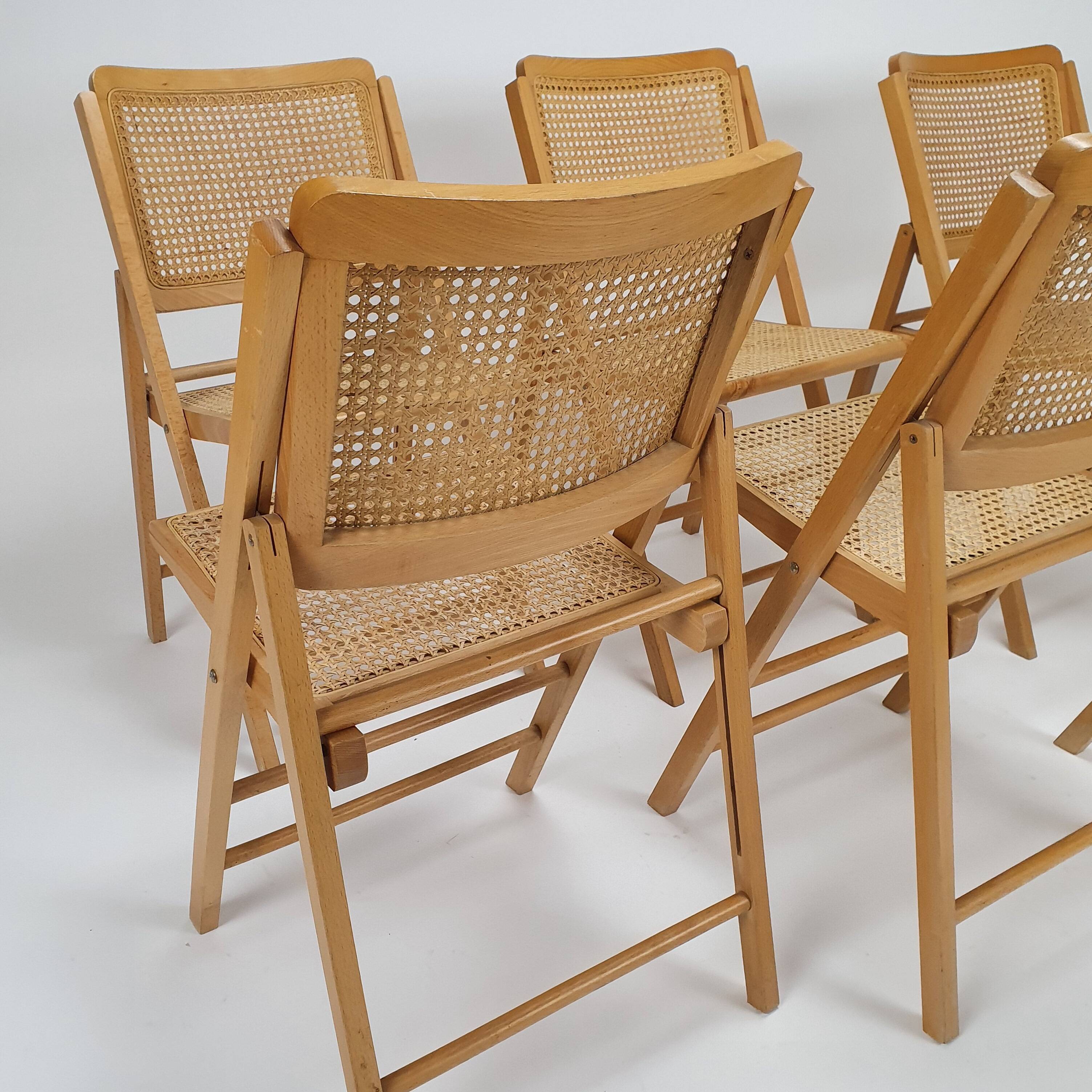 Set of 6 vintage birch and cane folding chairs, 1970s