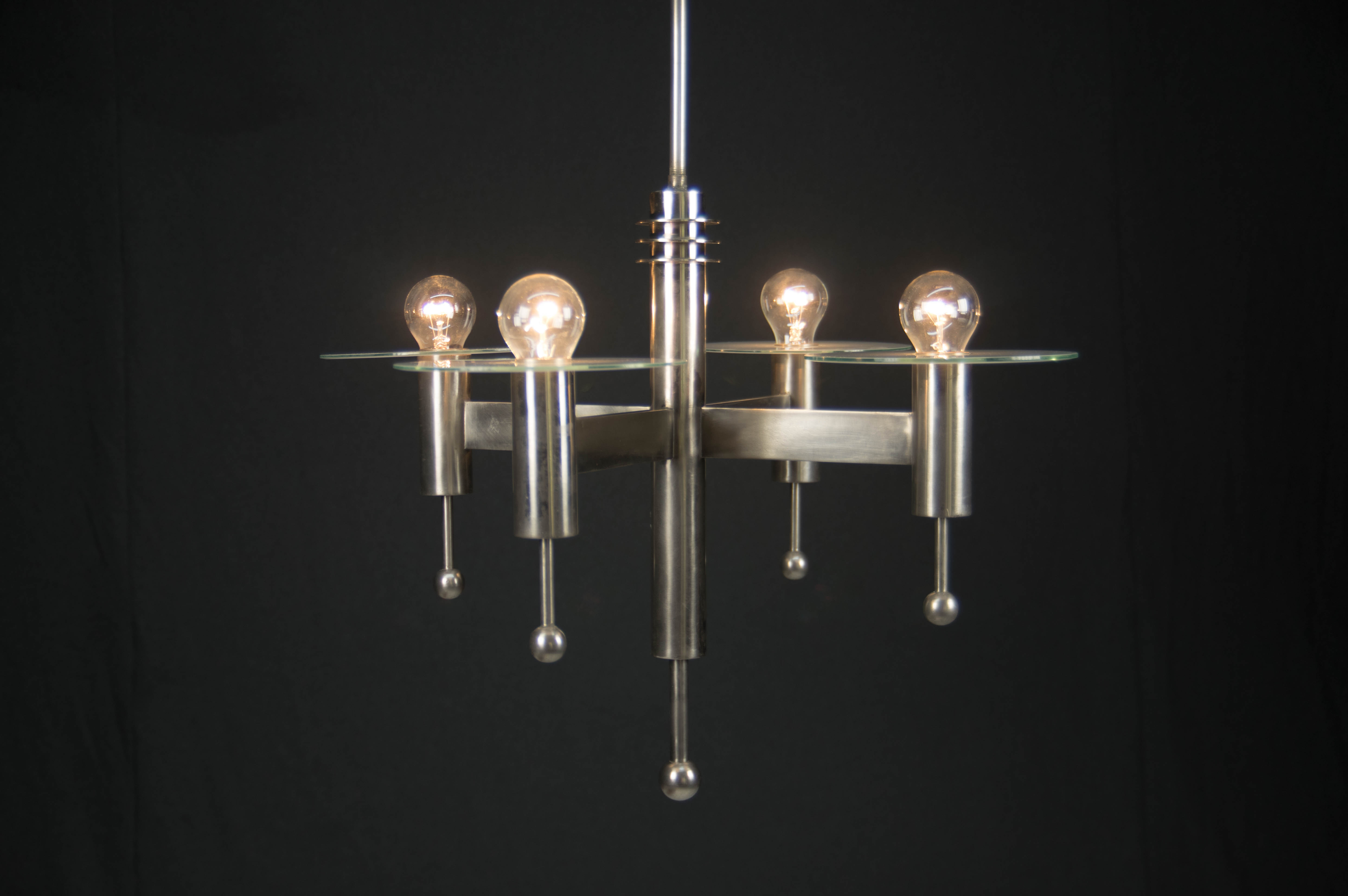 Art Deco or Bauhaus Nickel-plated 4-flamming chandelier, 1920s