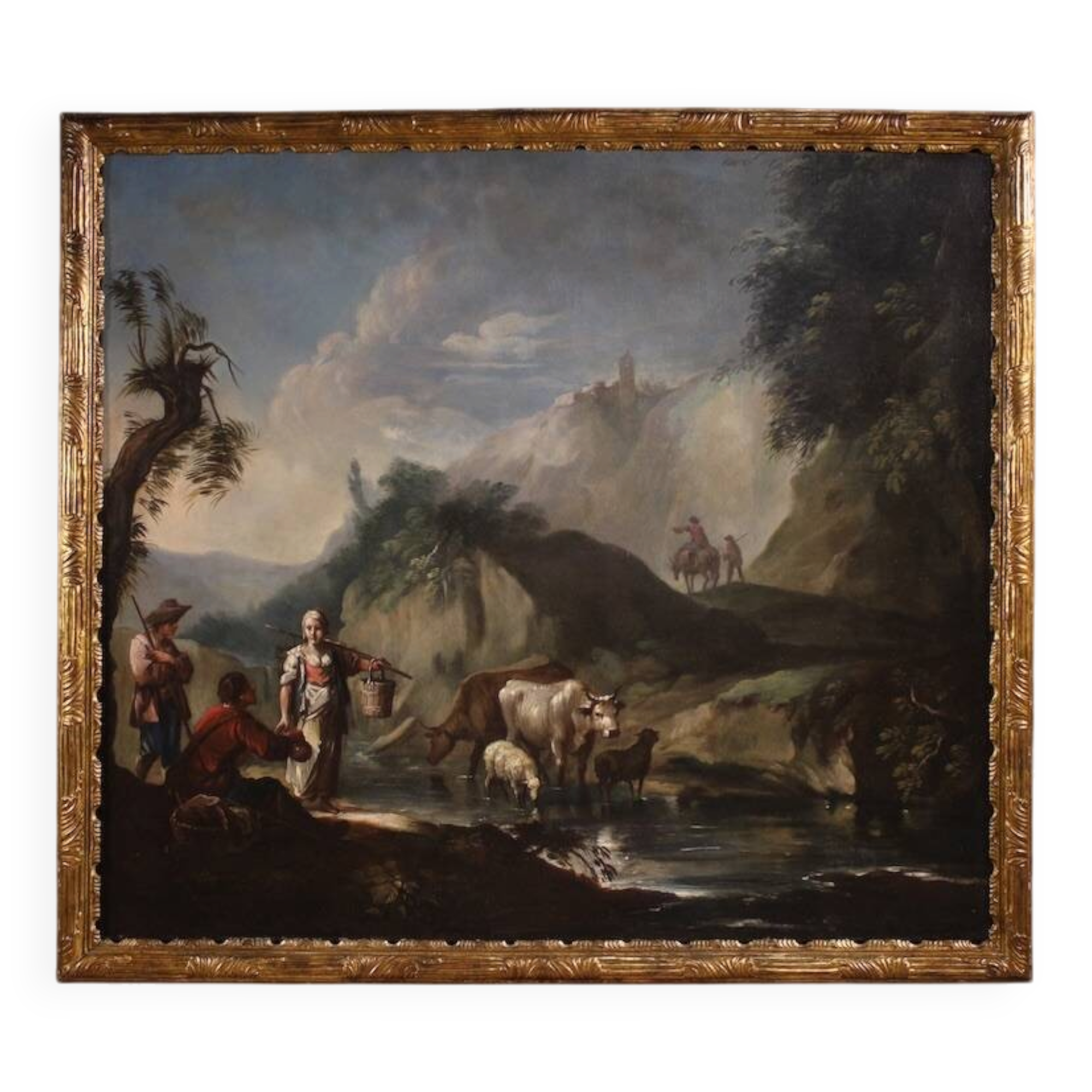 Great 18th century Italian painting, landscape with genre scene