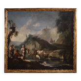Grande peinture italienne du XVIIIe siècle, paysage avec scène de genre.