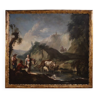 Great 18th century Italian painting, landscape with genre scene