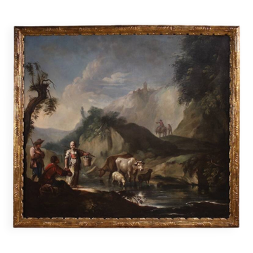 Grande peinture italienne du XVIIIe siècle, paysage avec scène de genre.