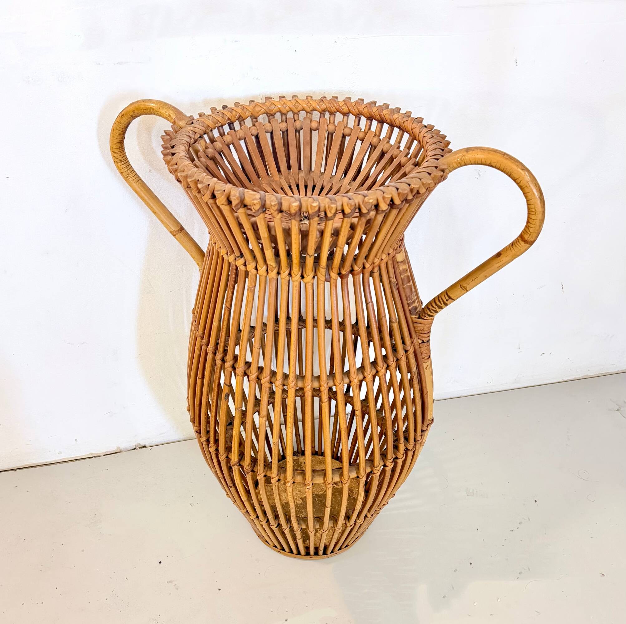 Vintage Wicker and Bamboo Amphora Umbrella Stand , Italy
