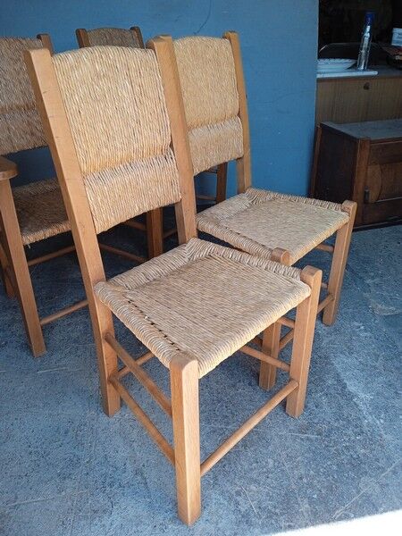 Lot 2 armchairs and 2 chairs design wood and straw period 1970