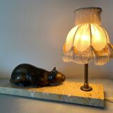 Lampe ancienne veilleuse chat en bronze abat jour pagode socle en marbre