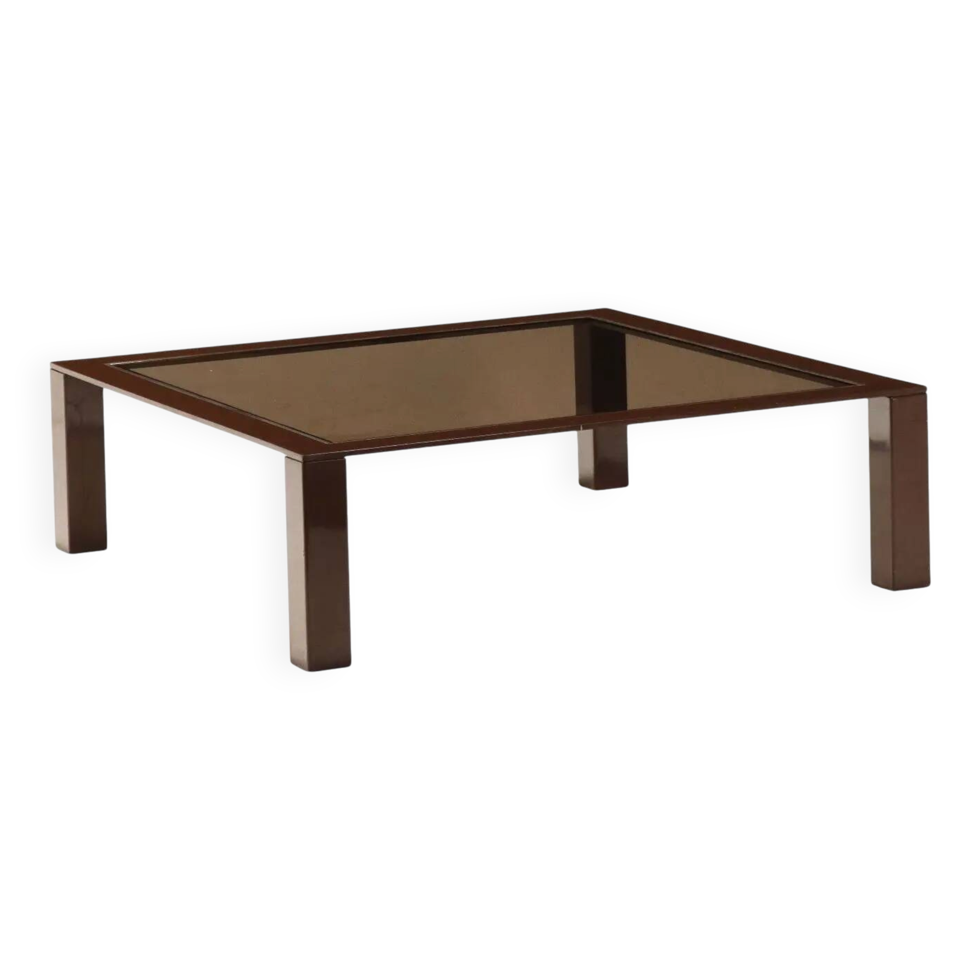 Vintage coffee table from the 1970s-80s in enamelled metal and smoked glass.