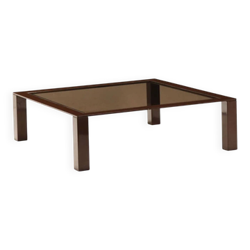 Vintage coffee table from the 1970s-80s in enamelled metal and smoked glass.