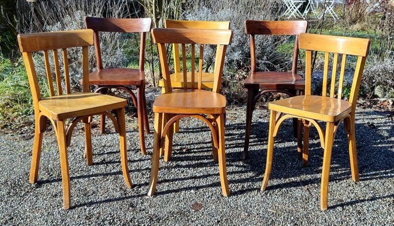 Mix 6 bistro chairs 50s/60s in curved wood