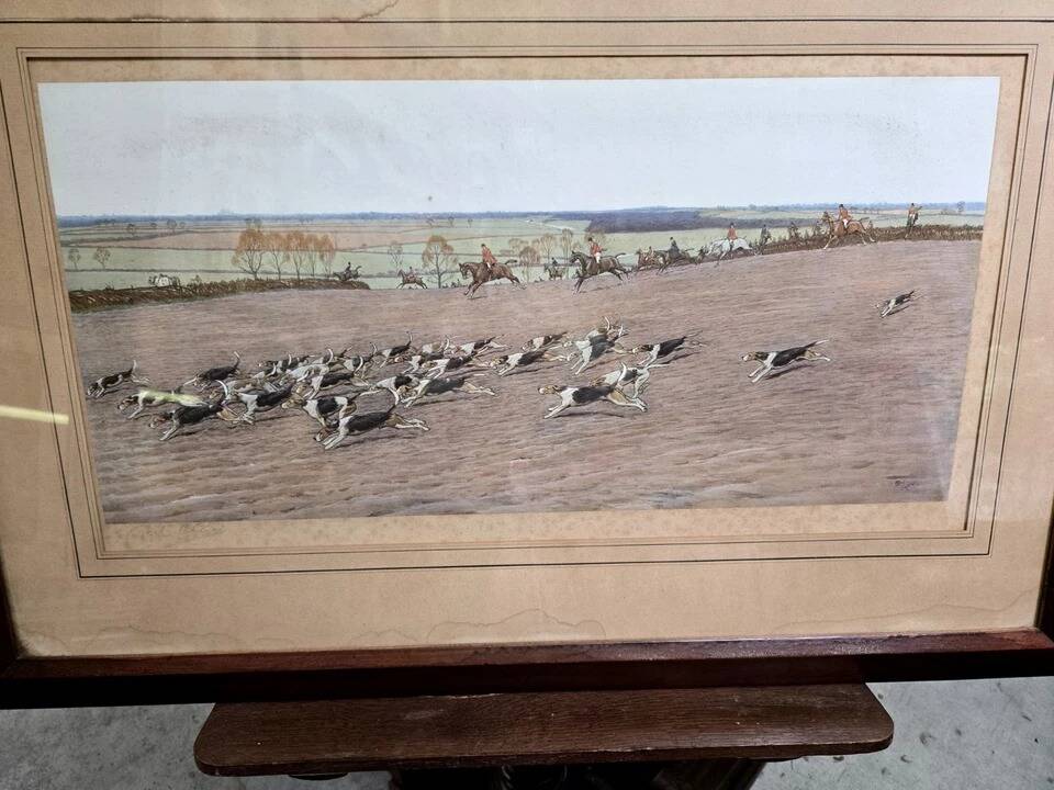 Hunting scene, watercolour engraving on paper signed by Cecil.
