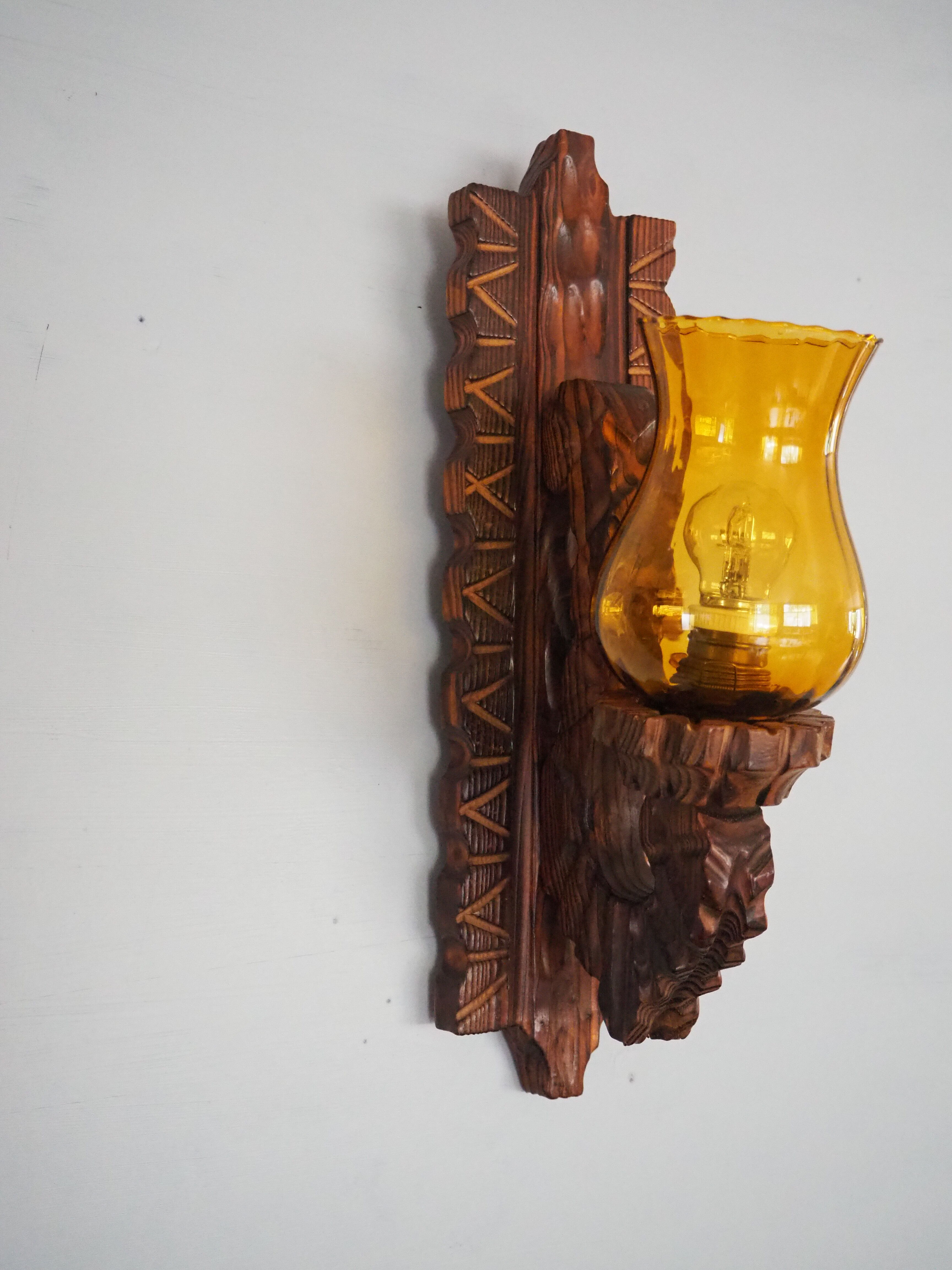 Wall sconce wooden and yellow glass tulip globe
