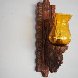 Wall sconce wooden and yellow glass tulip globe