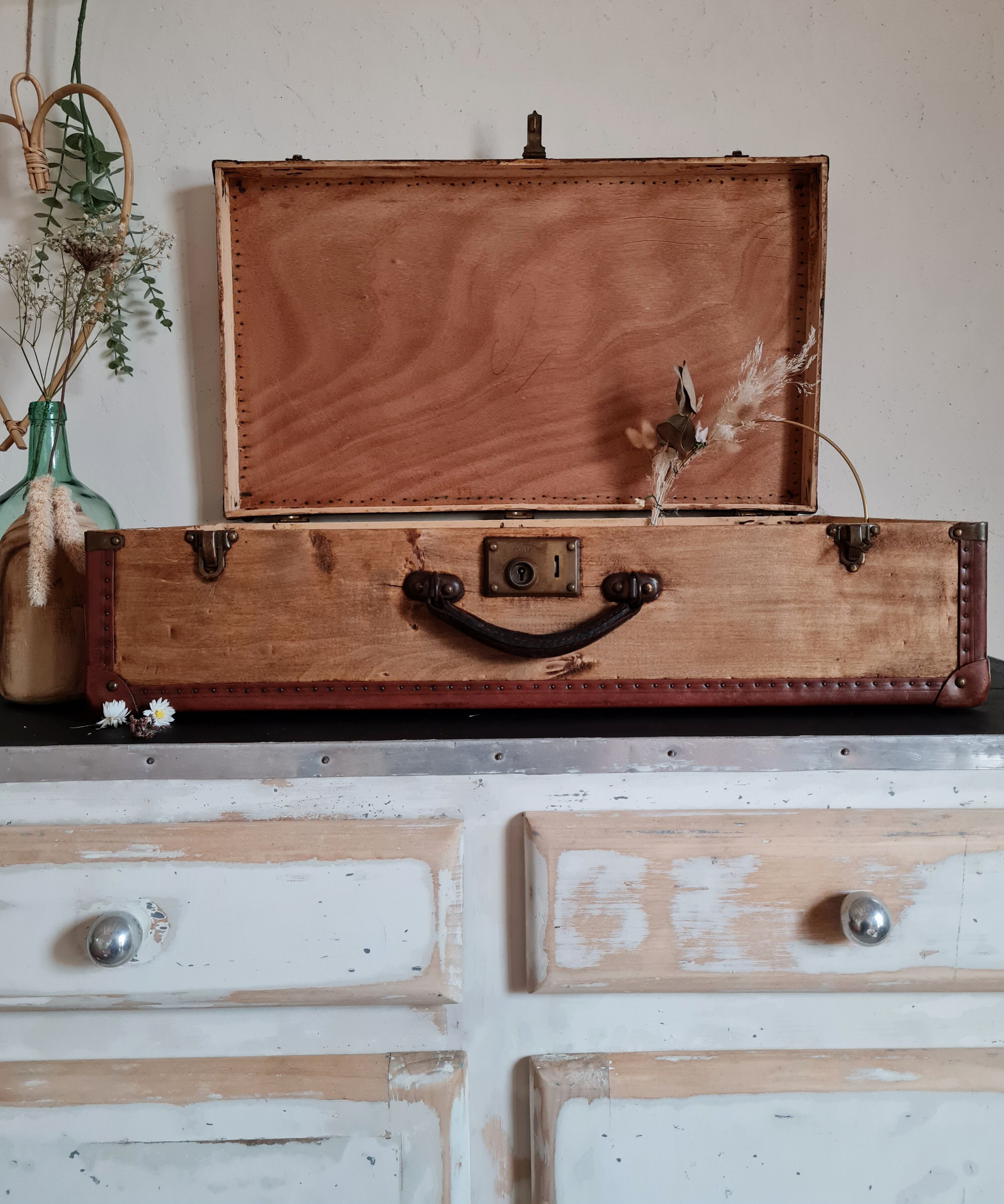 Old wooden and leather trunk