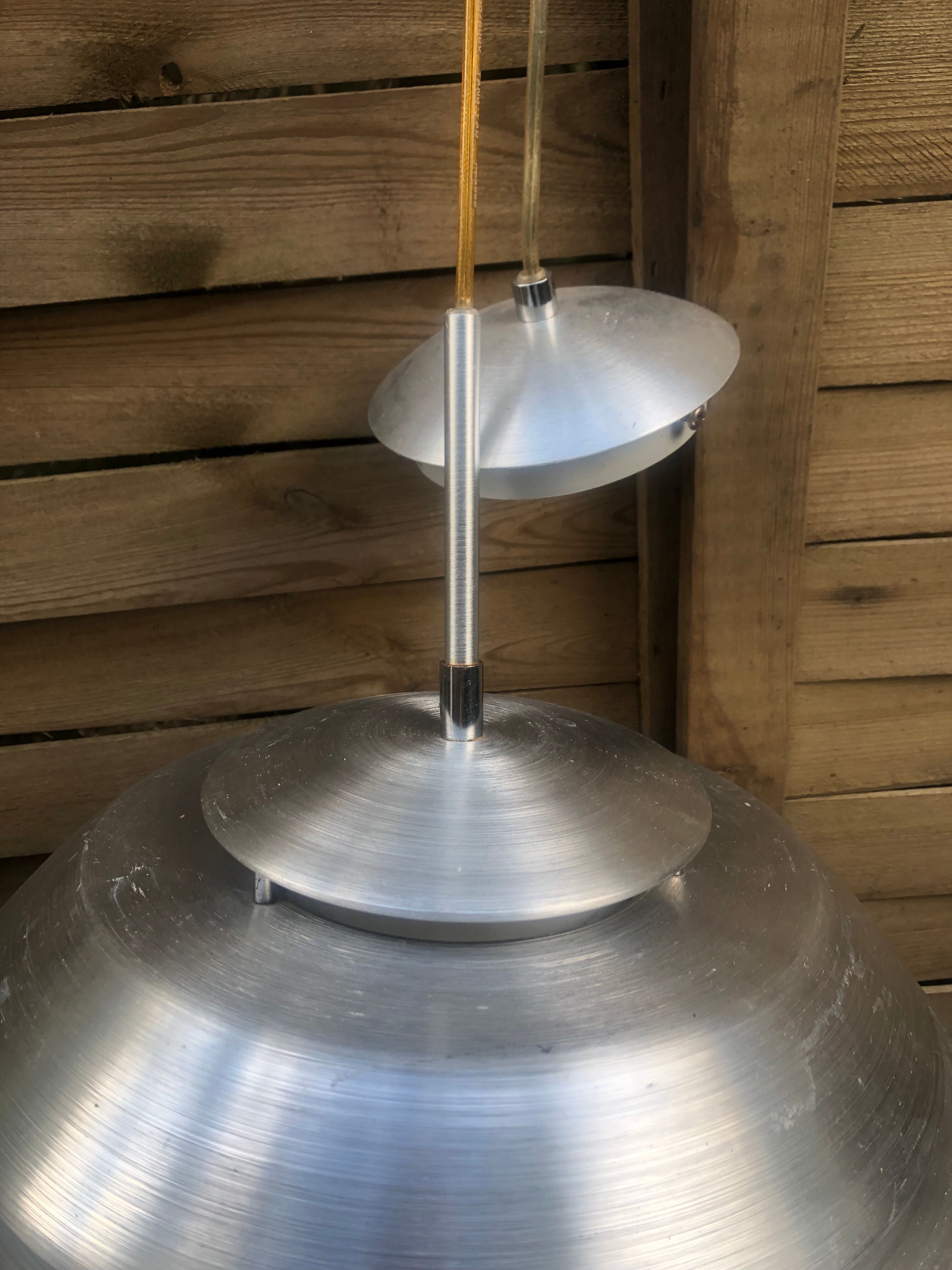 Polished steel pendant lamp with opaline cone 70s