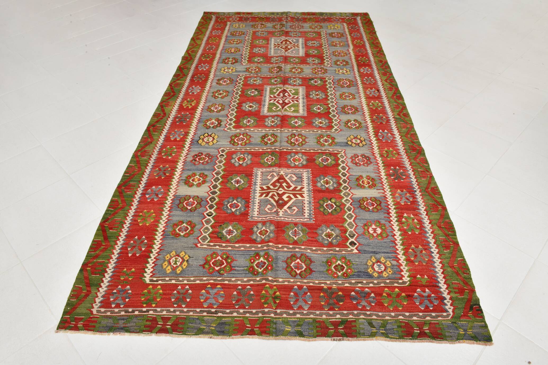 5x11 Kilim Red & Blue Geometric Vintage Rug, 168x342Cm