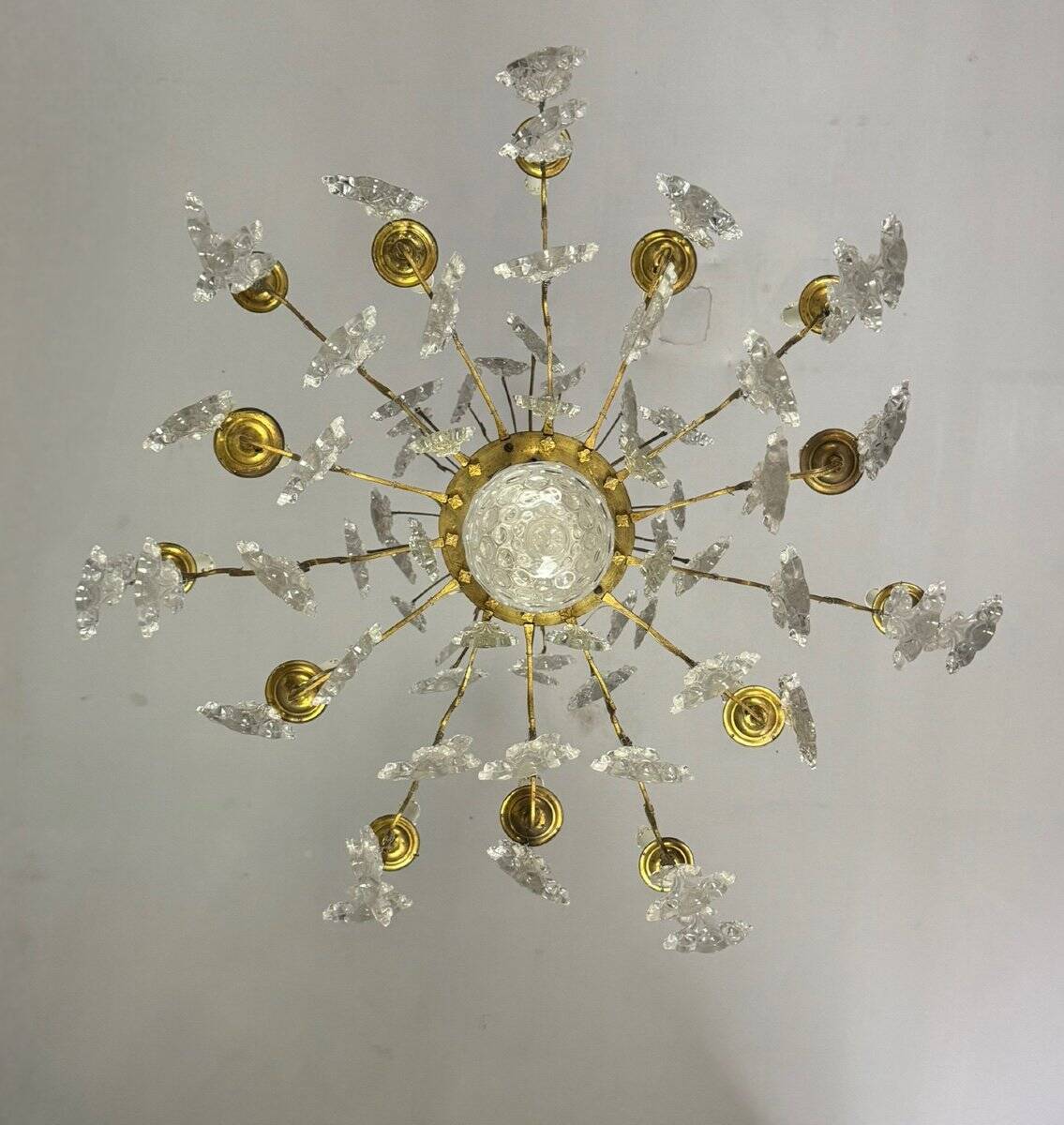 Gilt bronze cage chandelier decorated with glass pendants in the shape of peacock feathers circa 1800