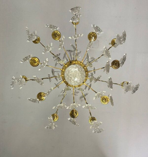 Lustre cage en bronze doré garni de pampilles en verre en forme de plumes de paon vers 1800