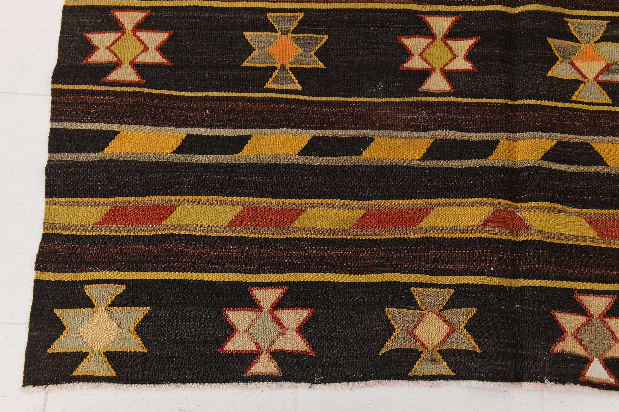 6x10 Dark Brown & Yellow Striped Handmade Wool Kilim Rug, 170x312 Cm