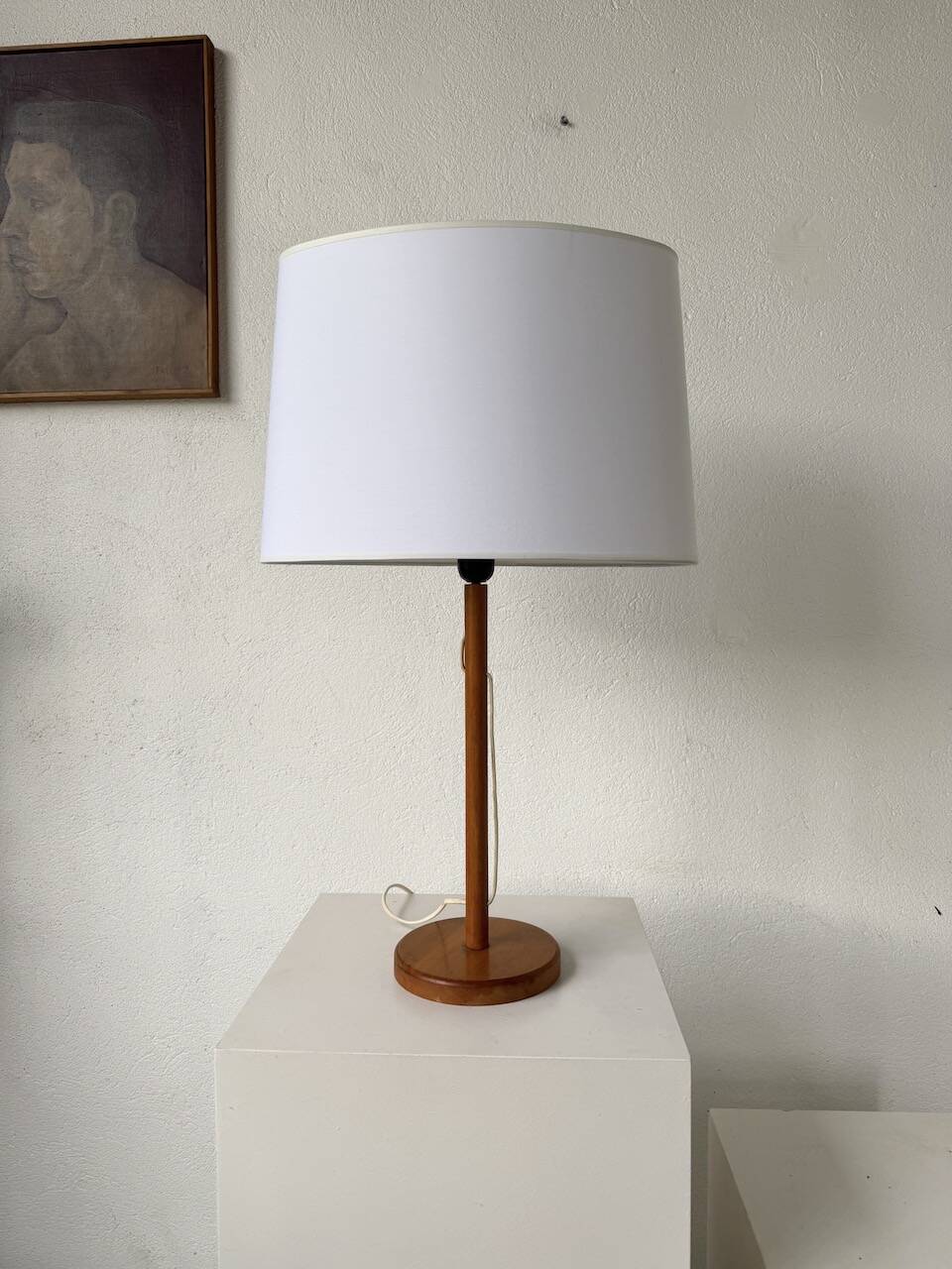 70s oak wood table lamp
