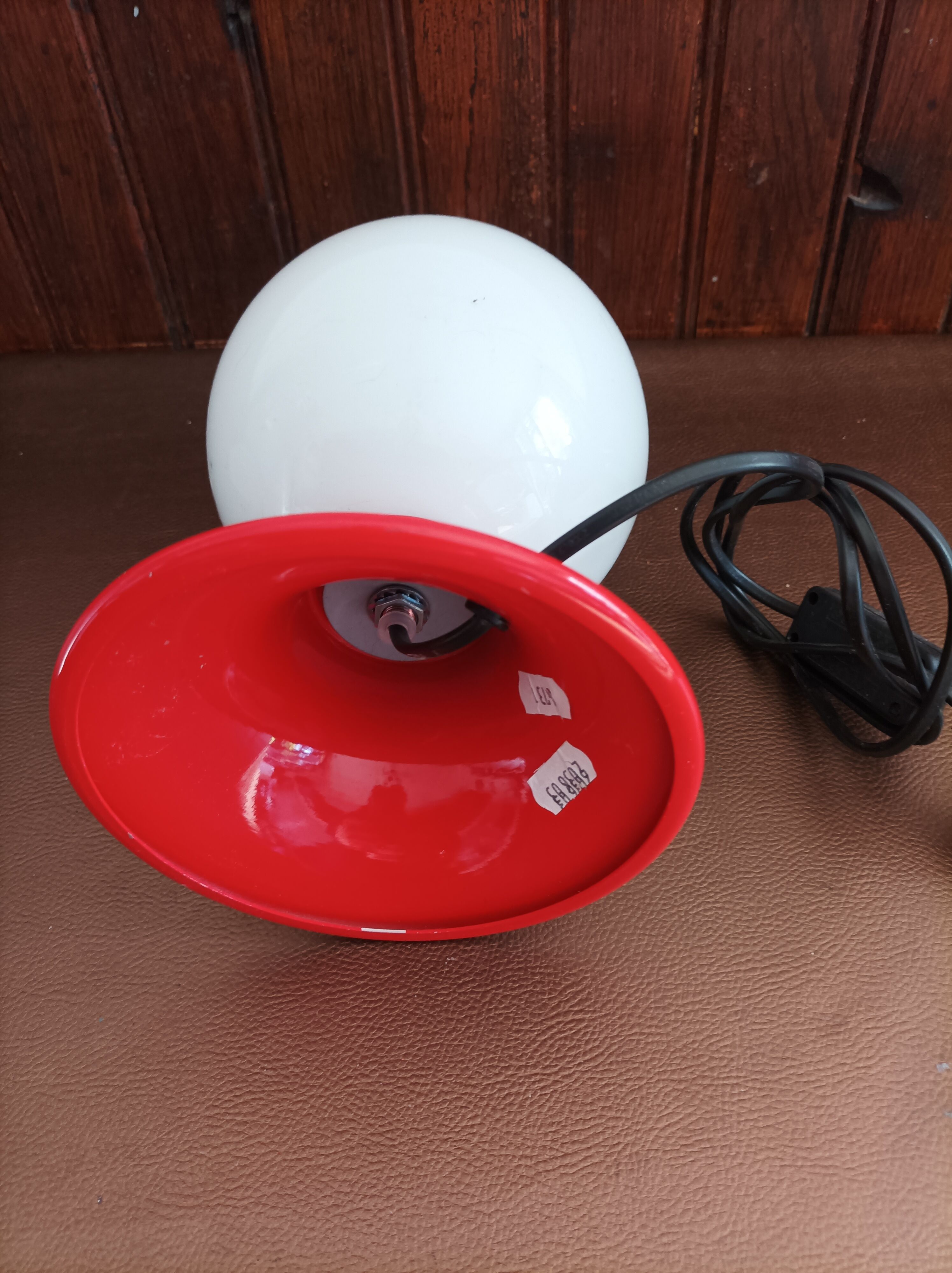 Table lamp orange metal with white opaline globe vintage 70s