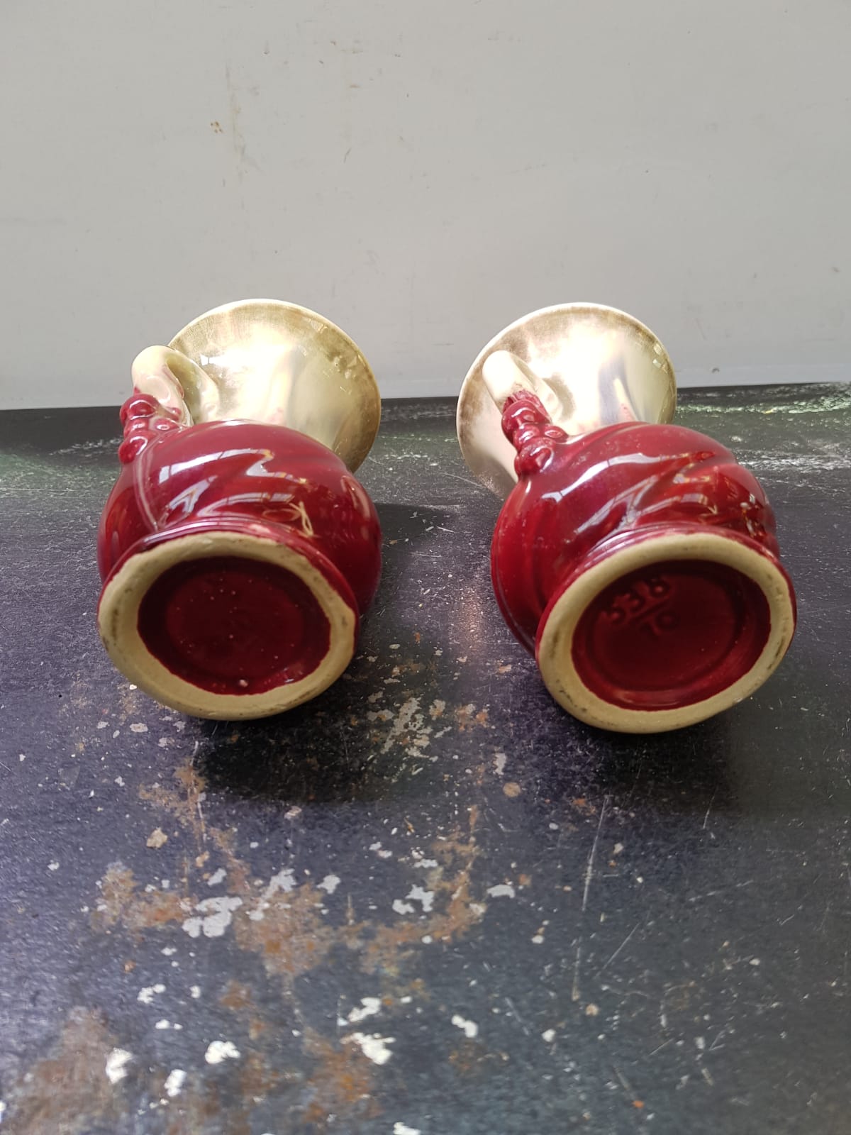 Pair of old beige & red ceramic vases
