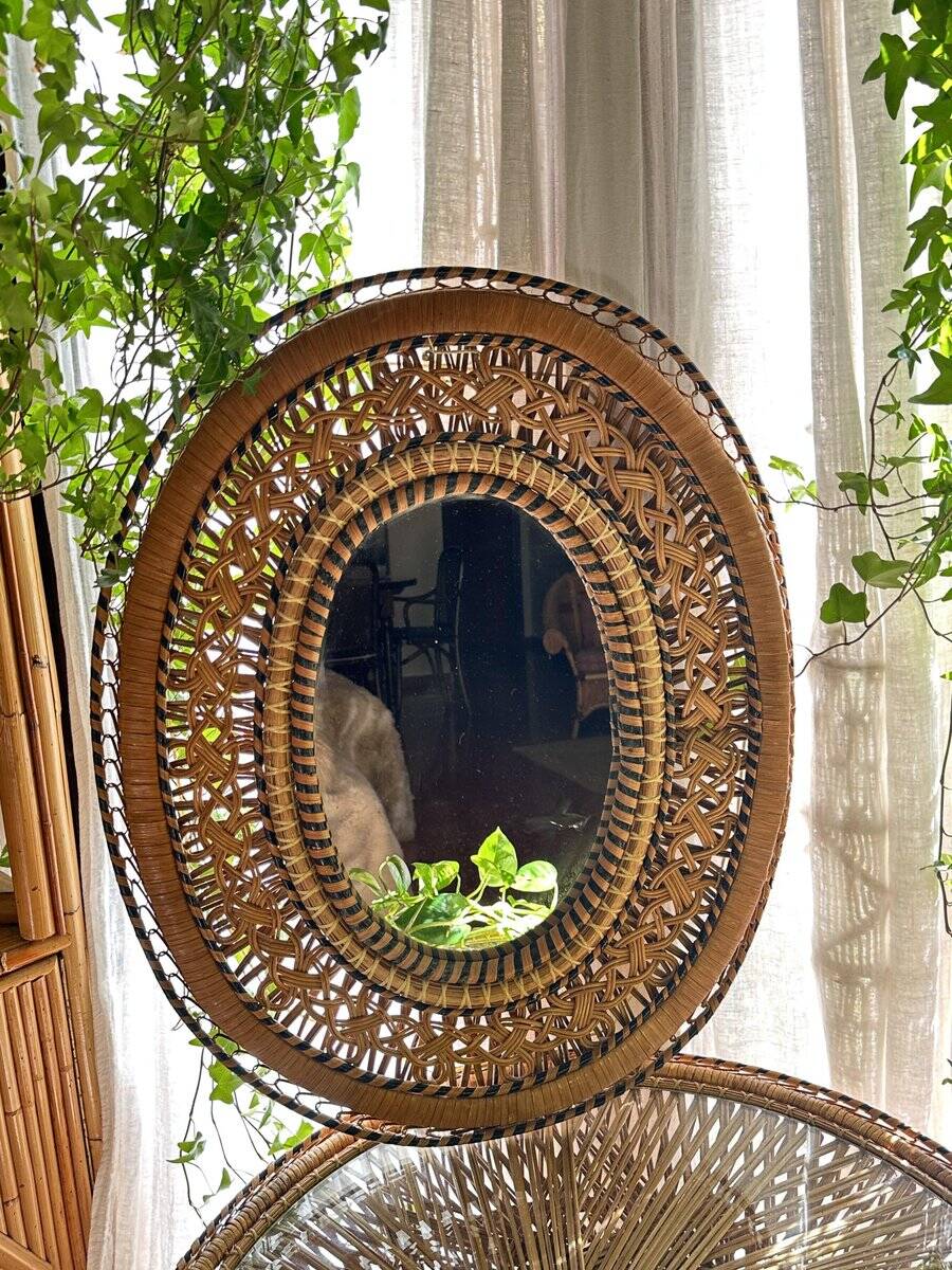Oval mirror in rattan and wicker, 1970