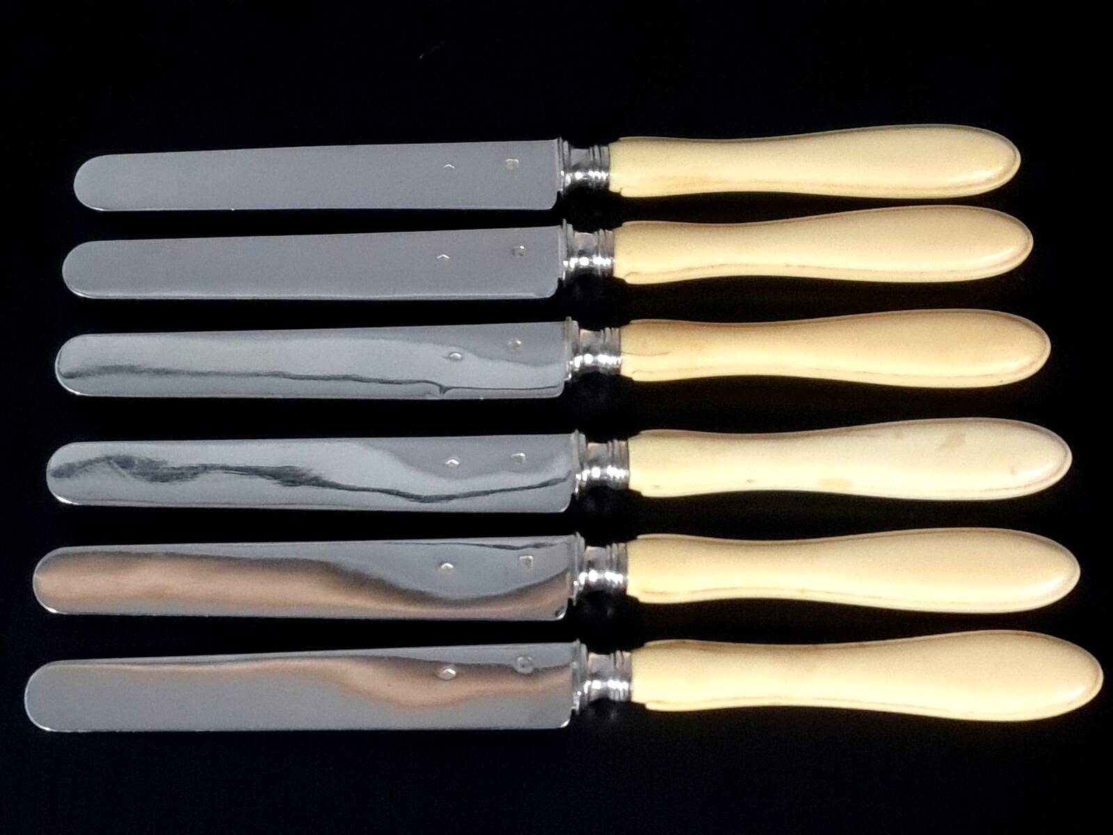 6 old silver blade knives, Hénin Cie hallmark + Minerva + case C651