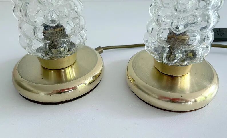 Pair Vintage Bubble Glass Table Lamps, Bedside, Brass