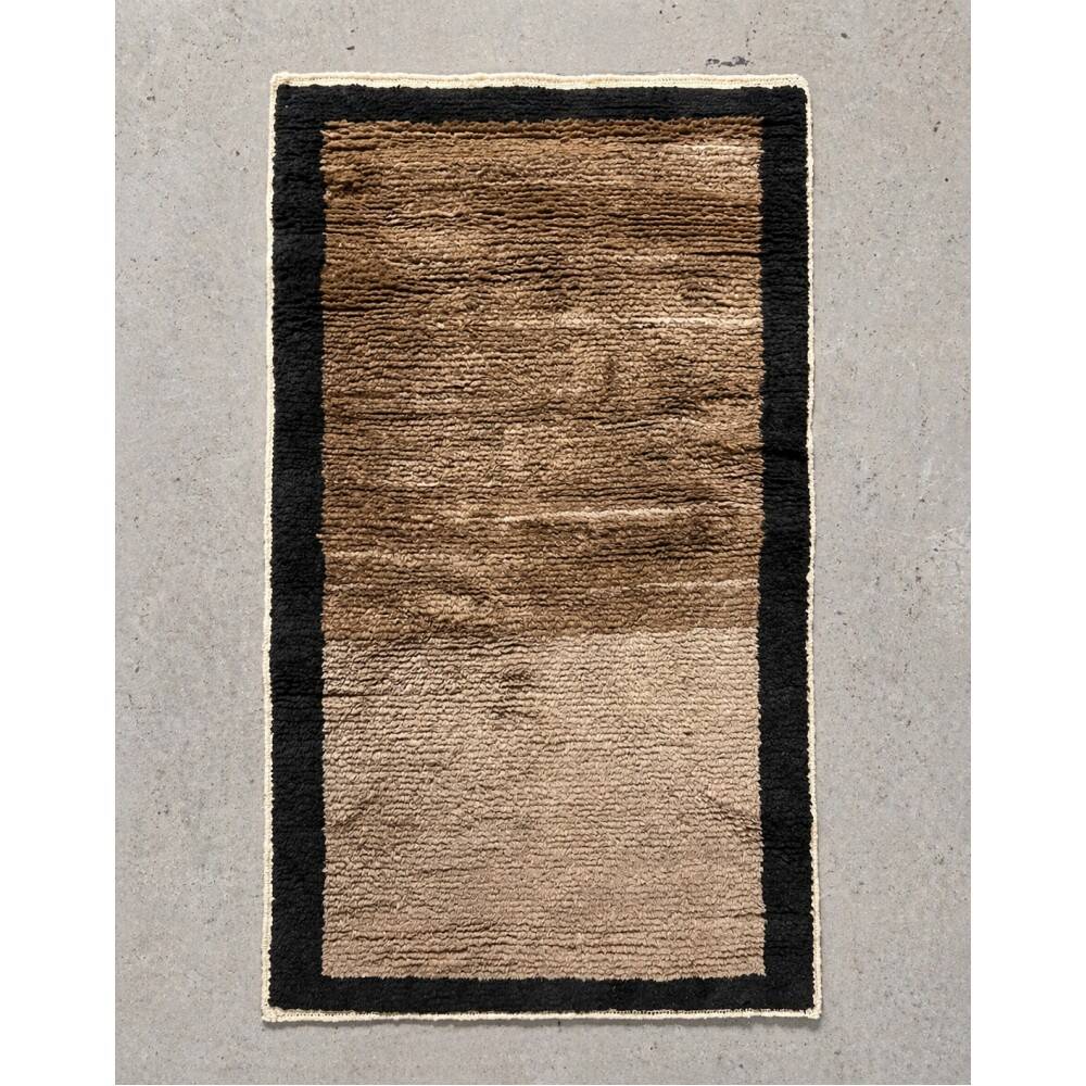Hand-Knotted Turkish Tulu Rug. 100% Wool Minimalist Border Design. Beige, Brown & Black Colors. Custom Options Available