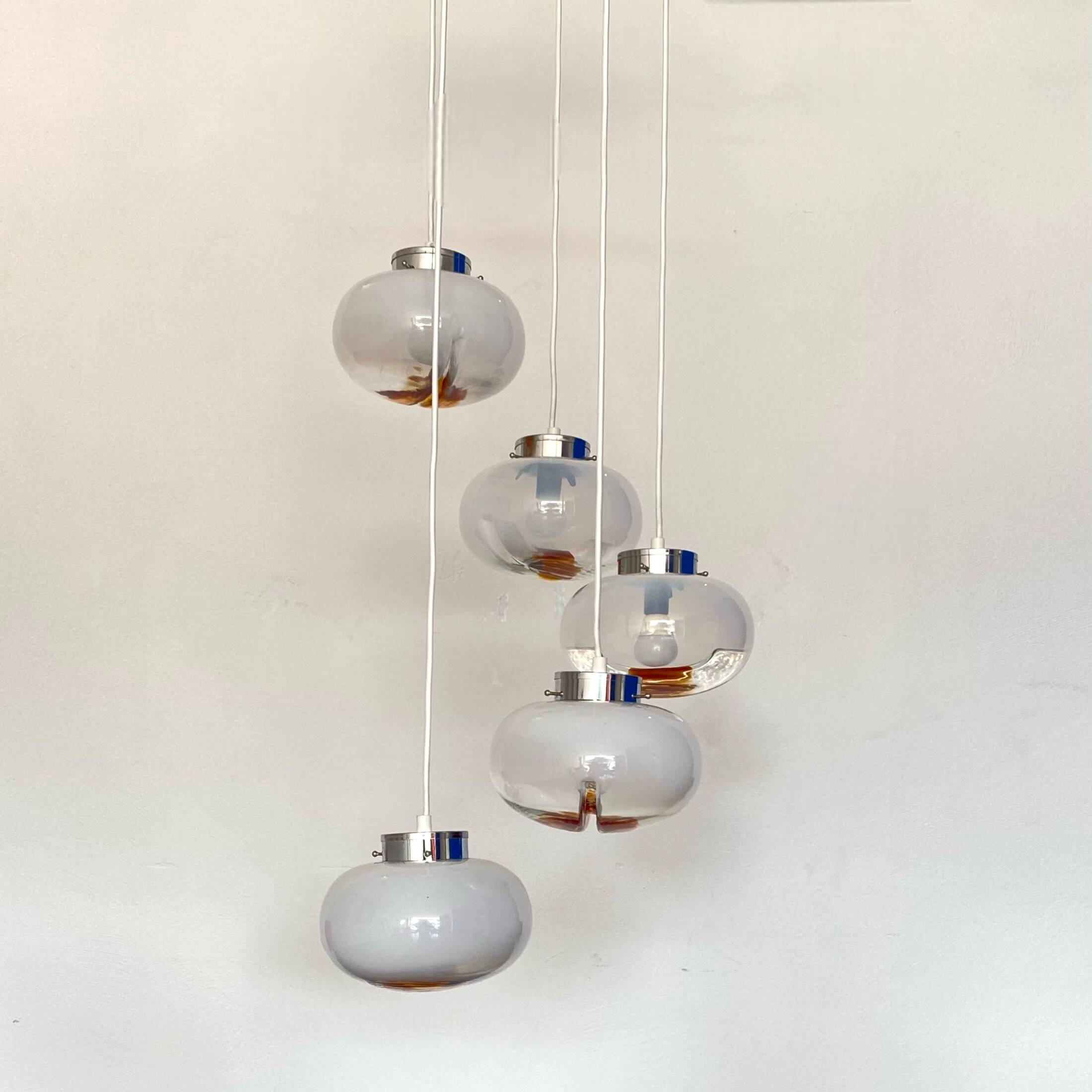 Large chandelier pendant waterfall glass globes Mazzega Murano design seventies LAMP-7267