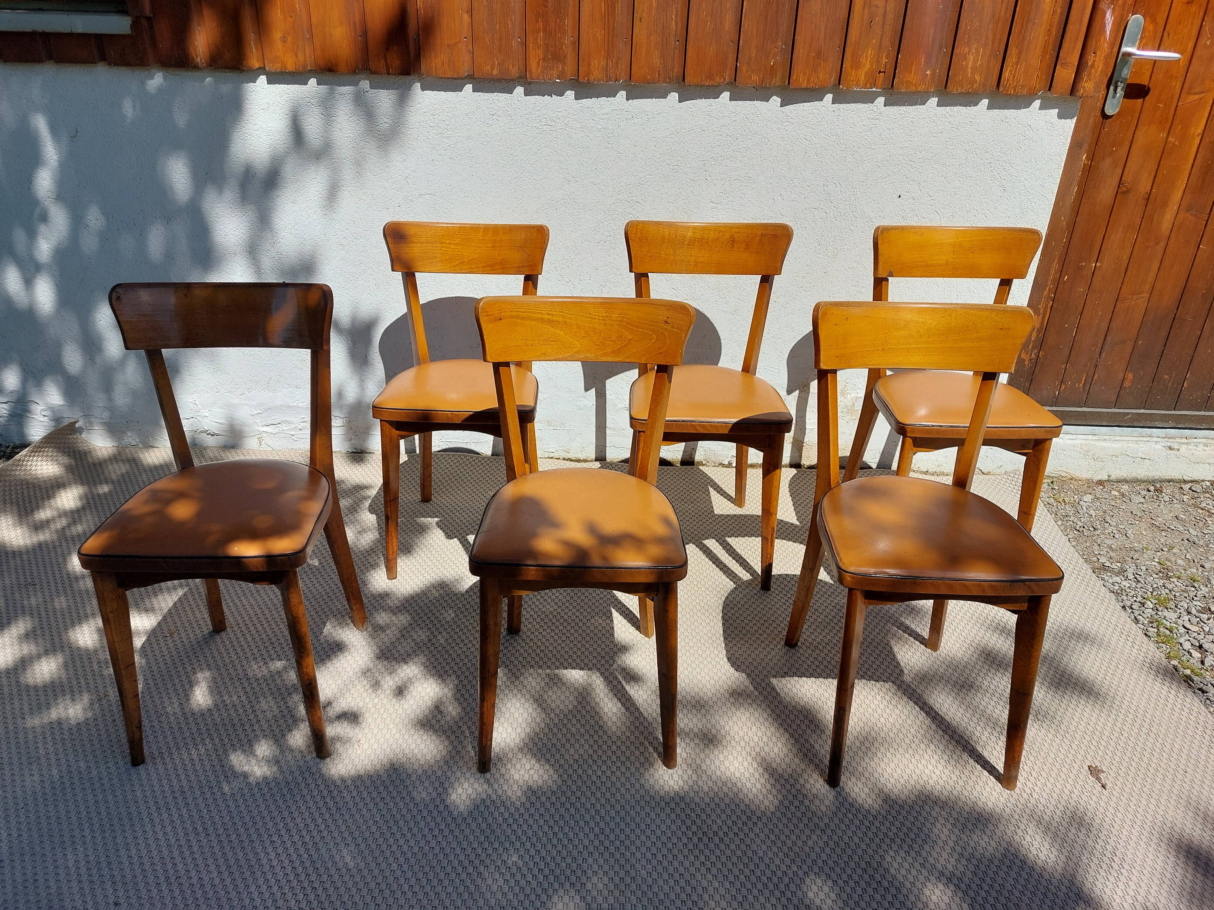 6 vintage 1960s wooden bistro chairs with camel faux leather.