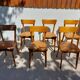 6 vintage 1960s wooden bistro chairs with camel faux leather.