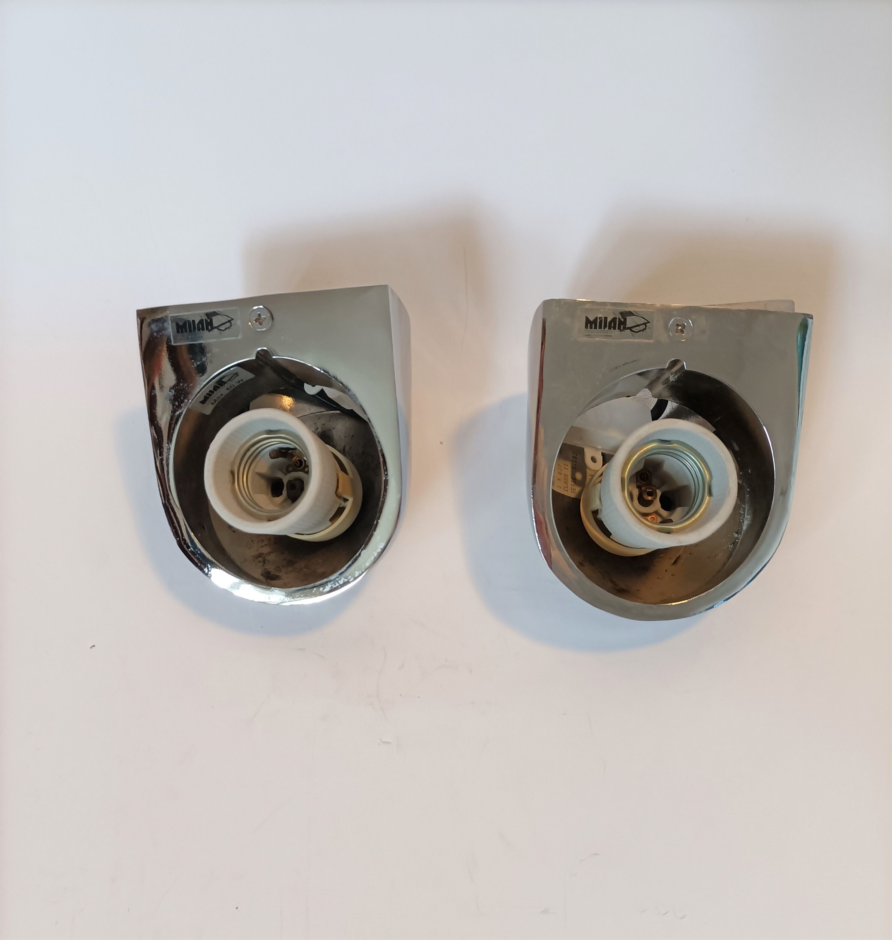 Pair of Milan Illuminacion wall lamps chrome and opaline 1970