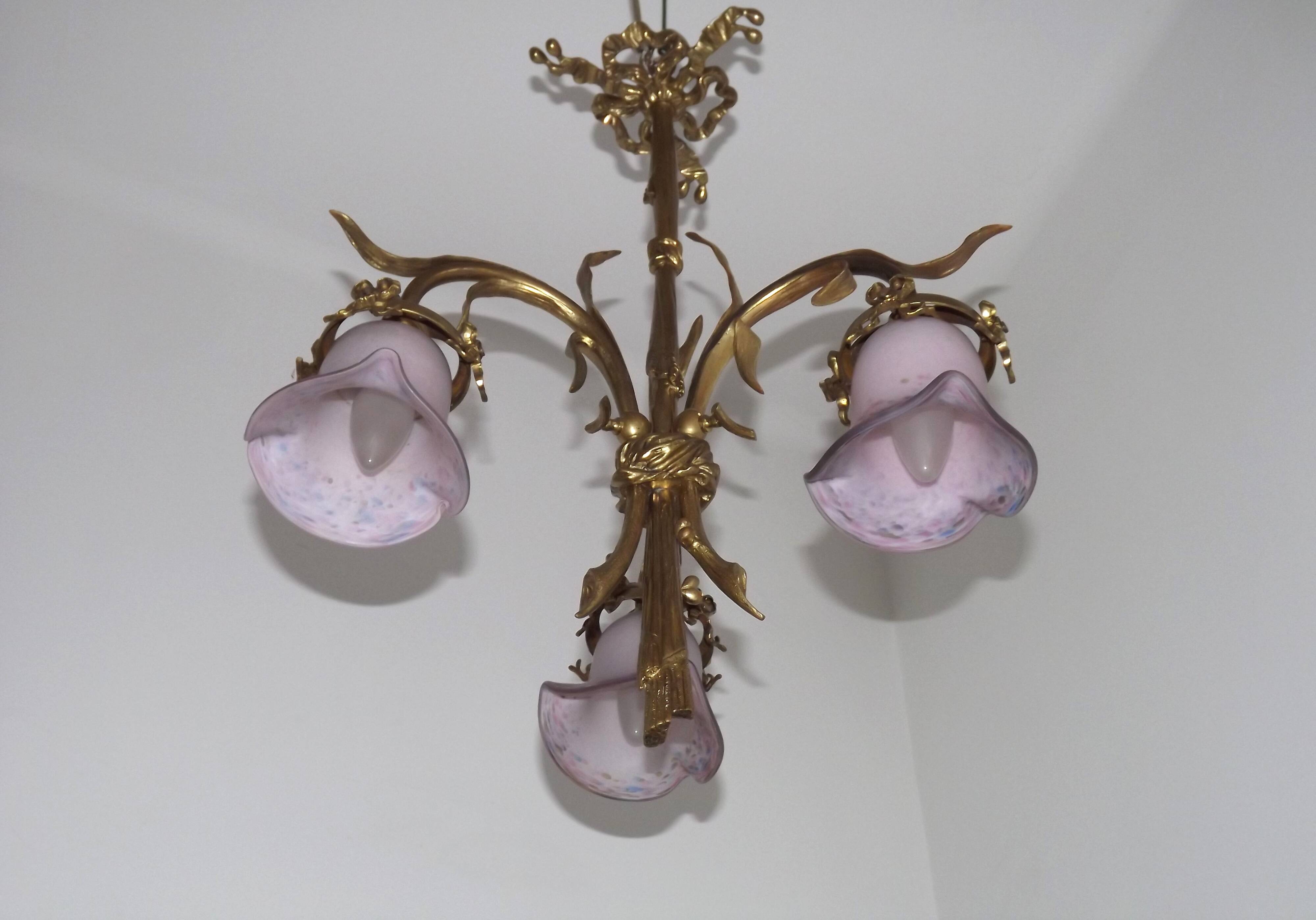 French Antique Late 1800s 3-Light Gilt Bronze Chandelier Art Glass Shades 5089