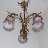 Lustre à 3 lumières en bronze doré, abat-jour en verre d'art 5089