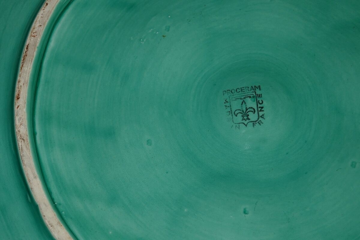 Plat à huîtres en faïence vert aqua/turquoise de Procéram d’époque 1950