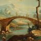 Peinture ancienne paysage avec rivière, huile sur panneau dur XVIII Century