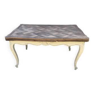 Louis XV style table patinated in beige and natural wood top