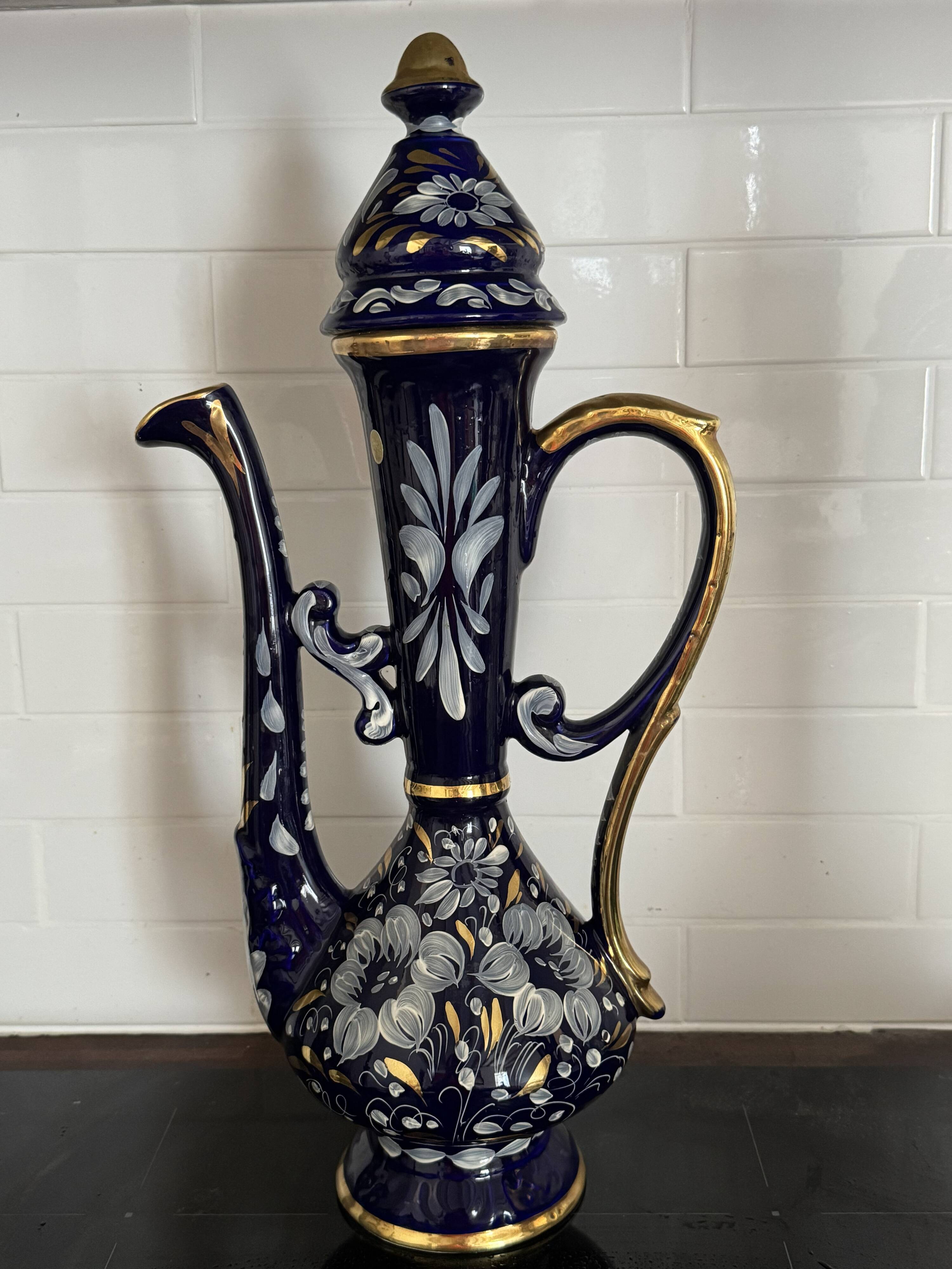 Pair of vintage jugs / pitchers in cobalt blue and gold ceramic – Made i